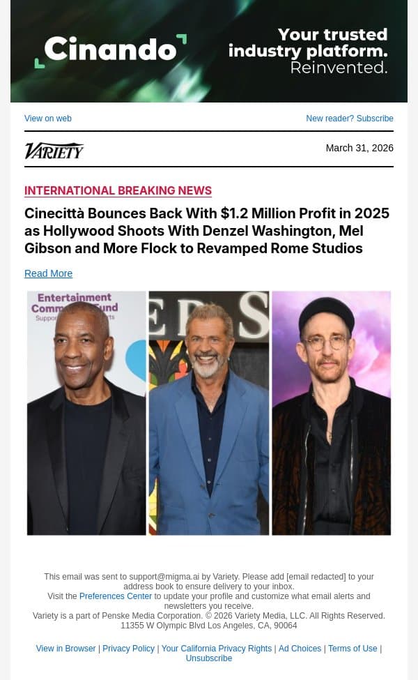 Cinecittà Bounces Back With $1.2 Million Profit in 2025 as Hollywood Shoots With Denzel Washington, Mel Gibson and More Flock to Revamped Rome Studios email from Variety screenshot