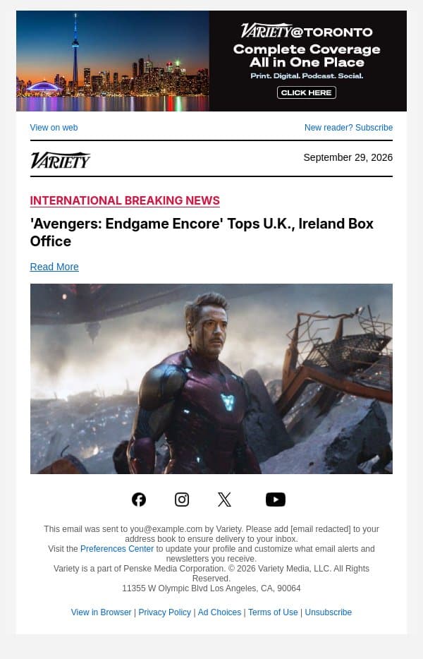 'Avengers: Endgame Encore' Tops U.K., Ireland Box Office email from Variety screenshot