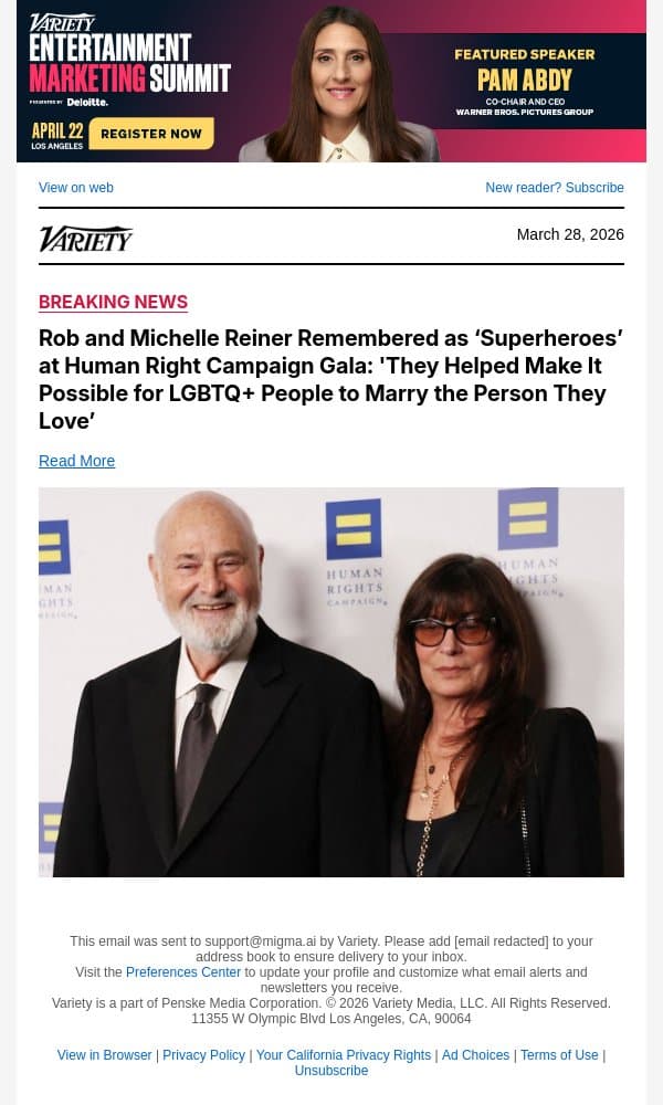 Rob and Michelle Reiner Remembered as ‘Superheroes’ at Human Right Campaign Gala: 'They Helped Make It Possible for LGBTQ+ People to Marry the Person They Love’ email from Variety screenshot