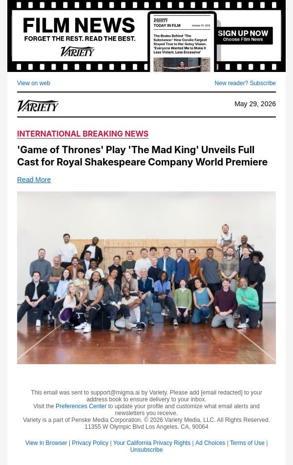 'Game of Thrones' Play 'The Mad King' Unveils Full Cast for Royal Shakespeare Company World Premiere email from Variety screenshot