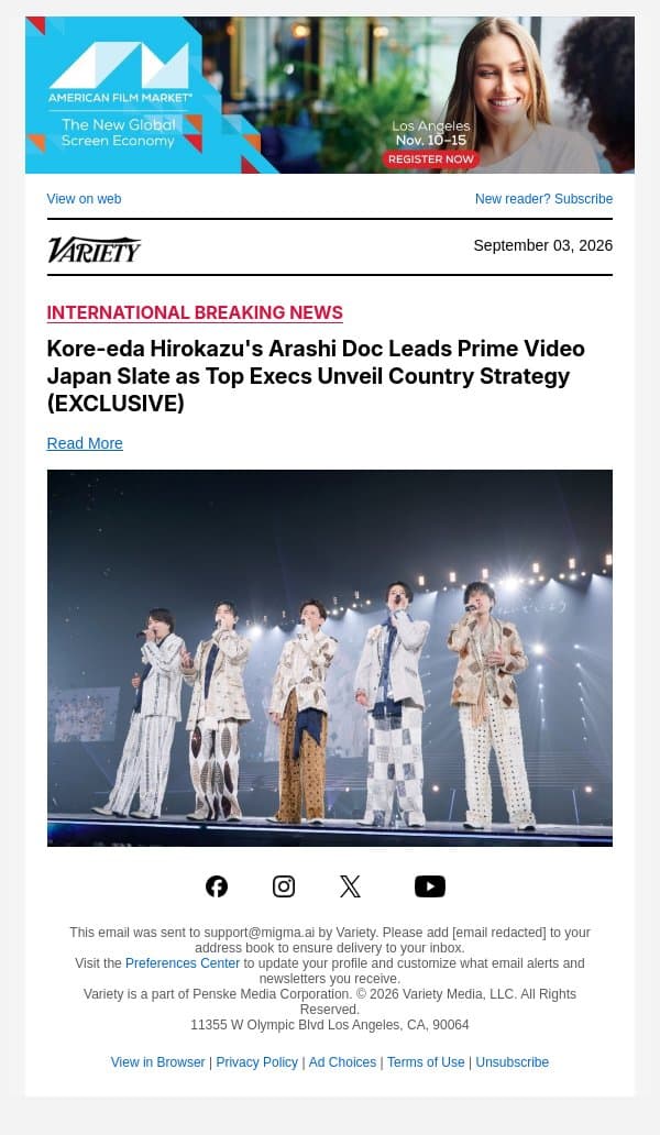 Kore-eda Hirokazu's Arashi Doc Leads Prime Video Japan Slate as Top Execs Unveil Country Strategy (EXCLUSIVE) email from Variety screenshot