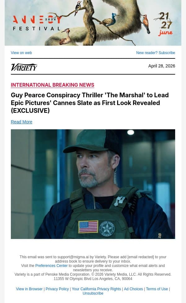 Guy Pearce Conspiracy Thriller 'The Marshal' to Lead Epic Pictures' Cannes Slate as First Look Revealed (EXCLUSIVE) email from Variety screenshot