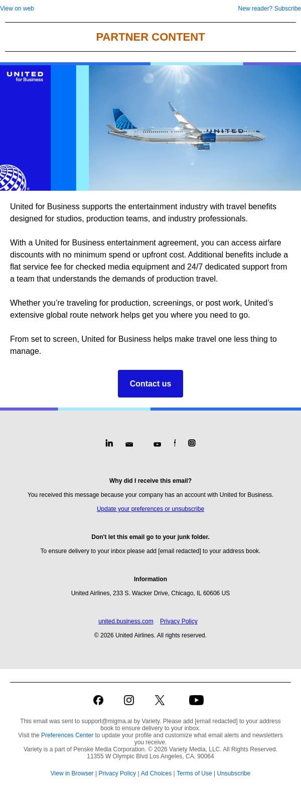 Travel savings for entertainment teams email from Variety screenshot