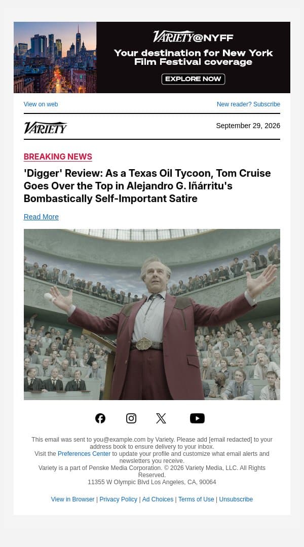 'Digger' Review: As a Texas Oil Tycoon, Tom Cruise Goes Over the Top in Alejandro G. Iñárritu's Bombastically Self-Important Satire email from Variety screenshot