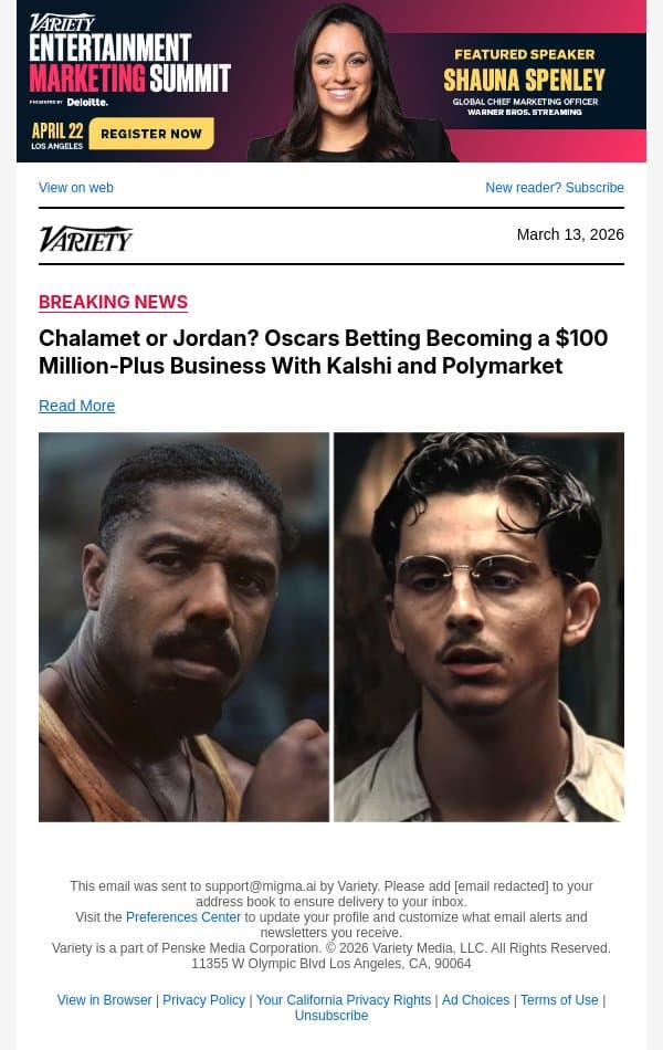 Chalamet or Jordan? Oscars Betting Becoming a $100 Million-Plus Business With Kalshi and Polymarket email from Variety screenshot