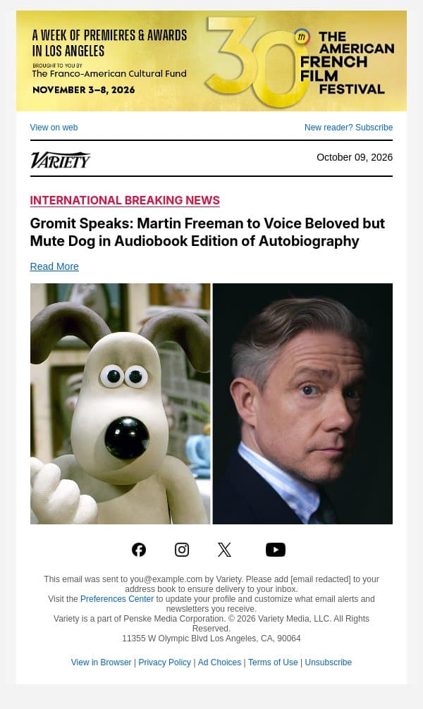 Gromit Speaks: Martin Freeman to Voice Beloved but Mute Dog in Audiobook Edition of Autobiography email from Variety screenshot