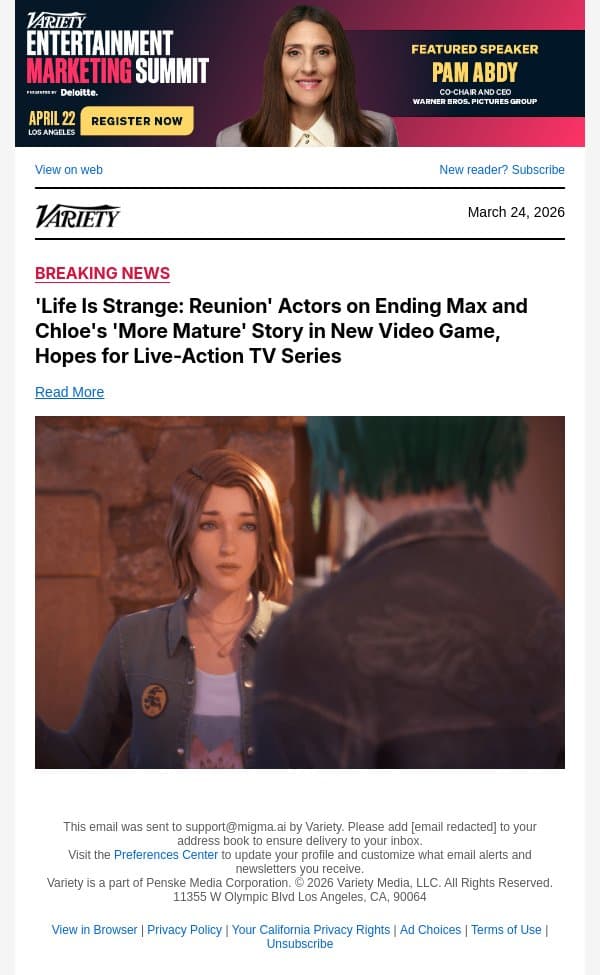 'Life Is Strange: Reunion' Actors on Ending Max and Chloe's 'More Mature' Story in New Video Game, Hopes for Live-Action TV Series email from Variety screenshot
