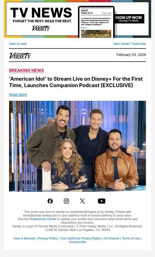 'American Idol' to Stream Live on Disney+ For the First Time, Launches Companion Podcast (EXCLUSIVE) email from Variety screenshot