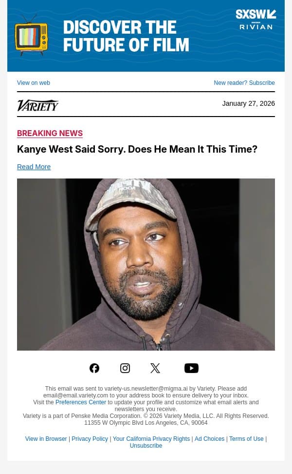Kanye West Said Sorry. Does He Mean It This Time? email from Variety screenshot
