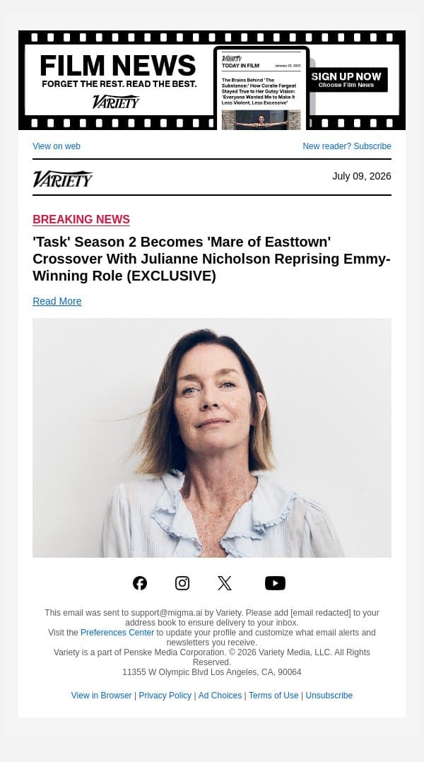 'Task' Season 2 Becomes 'Mare of Easttown' Crossover With Julianne Nicholson Reprising Emmy-Winning Role (EXCLUSIVE) email from Variety screenshot