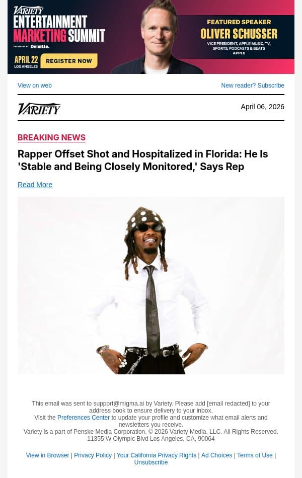 Rapper Offset Shot and Hospitalized in Florida: He Is 'Stable and Being Closely Monitored,' Says Rep email from Variety screenshot
