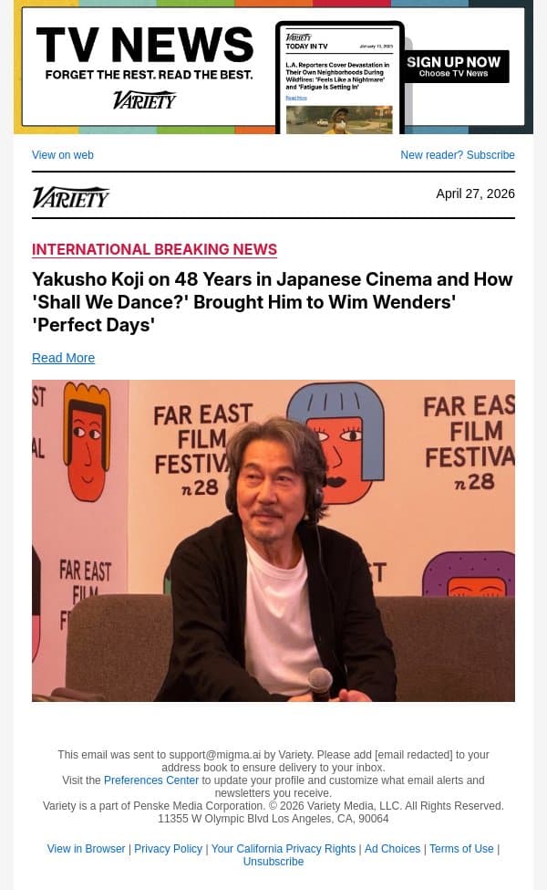 Yakusho Koji on 48 Years in Japanese Cinema and How 'Shall We Dance?' Brought Him to Wim Wenders' 'Perfect Days' email from Variety screenshot