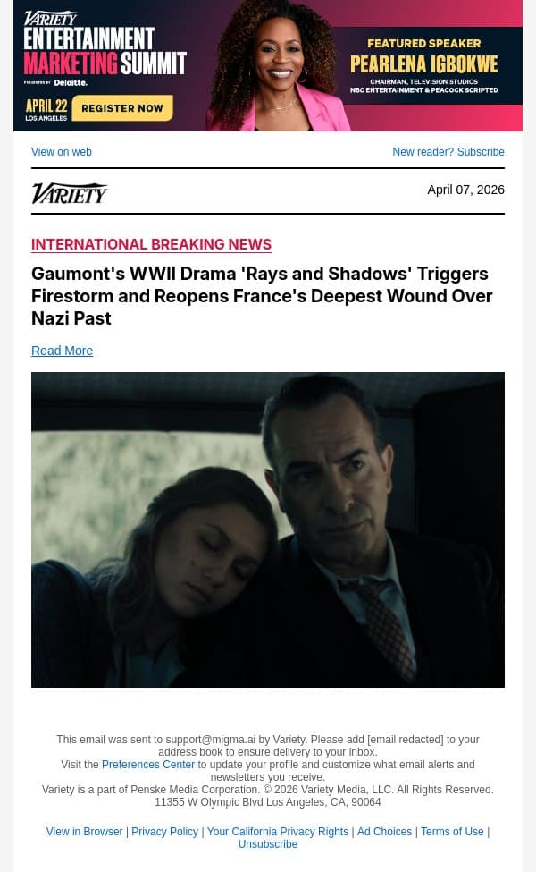 Gaumont's WWII Drama 'Rays and Shadows' Triggers Firestorm and Reopens France's Deepest Wound Over Nazi Past email from Variety screenshot