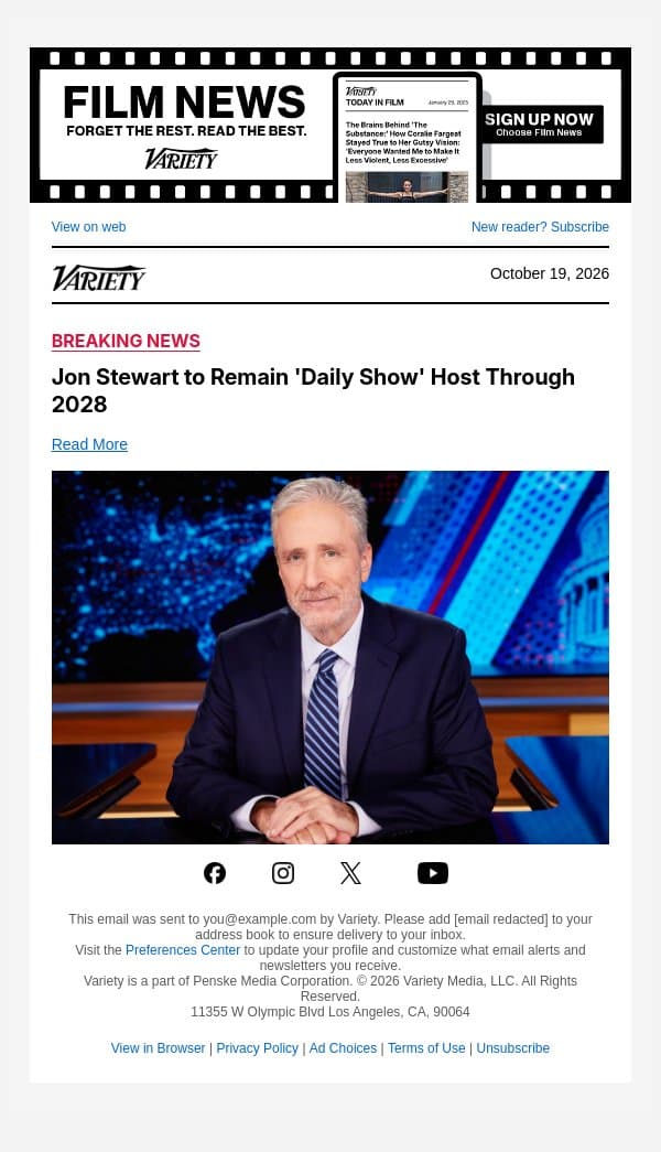 Jon Stewart to Remain 'Daily Show' Host Through 2028 email from Variety screenshot
