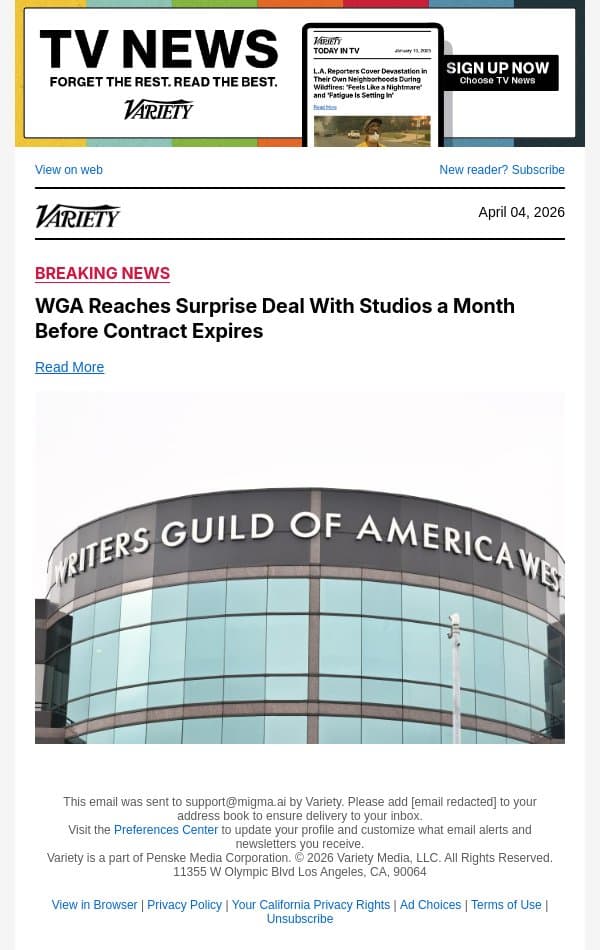 WGA Reaches Surprise Deal With Studios a Month Before Contract Expires email from Variety screenshot