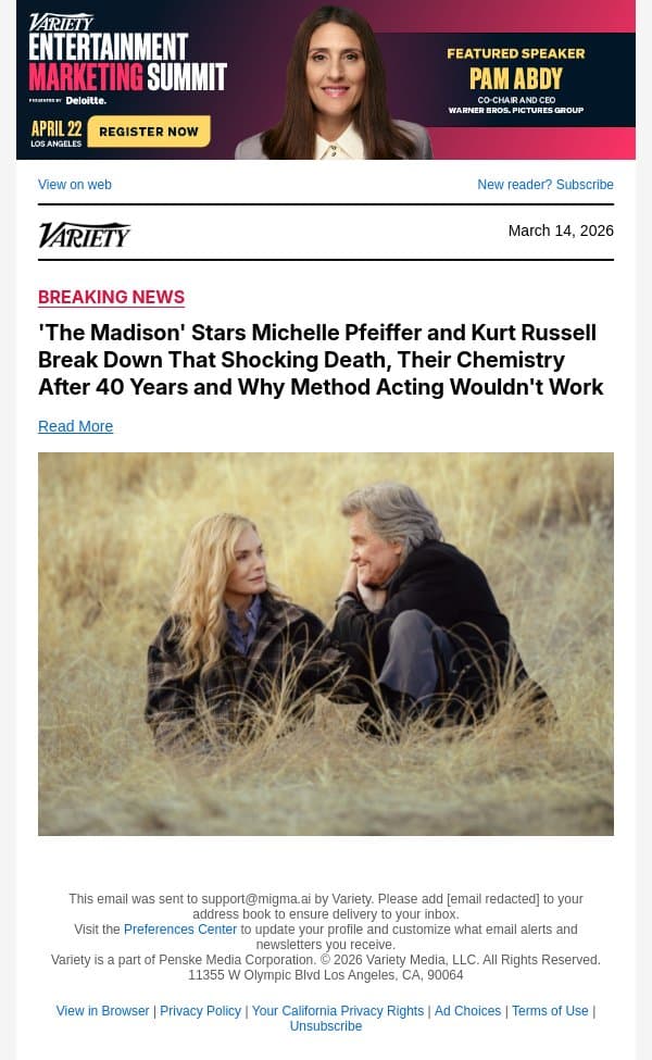 'The Madison' Stars Michelle Pfeiffer and Kurt Russell Break Down That Shocking Death, Their Chemistry After 40 Years and Why Method Acting Wouldn't Work email from Variety screenshot