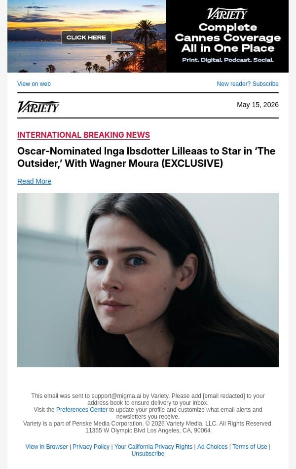 Oscar-Nominated Inga Ibsdotter Lilleaas to Star in ‘The Outsider,’ With Wagner Moura (EXCLUSIVE) email from Variety screenshot