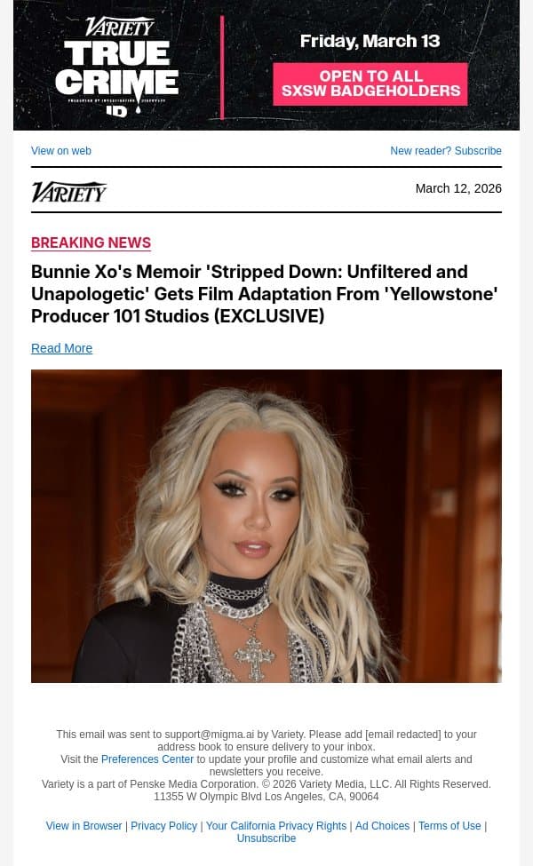 Bunnie Xo's Memoir 'Stripped Down: Unfiltered and Unapologetic' Gets Film Adaptation From 'Yellowstone' Producer 101 Studios (EXCLUSIVE) email from Variety screenshot