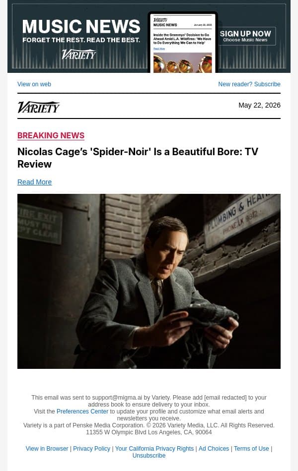 Nicolas Cage’s 'Spider-Noir' Is a Beautiful Bore: TV Review email from Variety screenshot