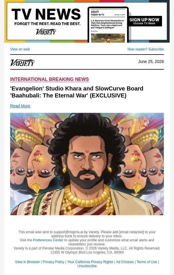 'Evangelion' Studio Khara and SlowCurve Board 'Baahubali: The Eternal War' (EXCLUSIVE) email from Variety screenshot