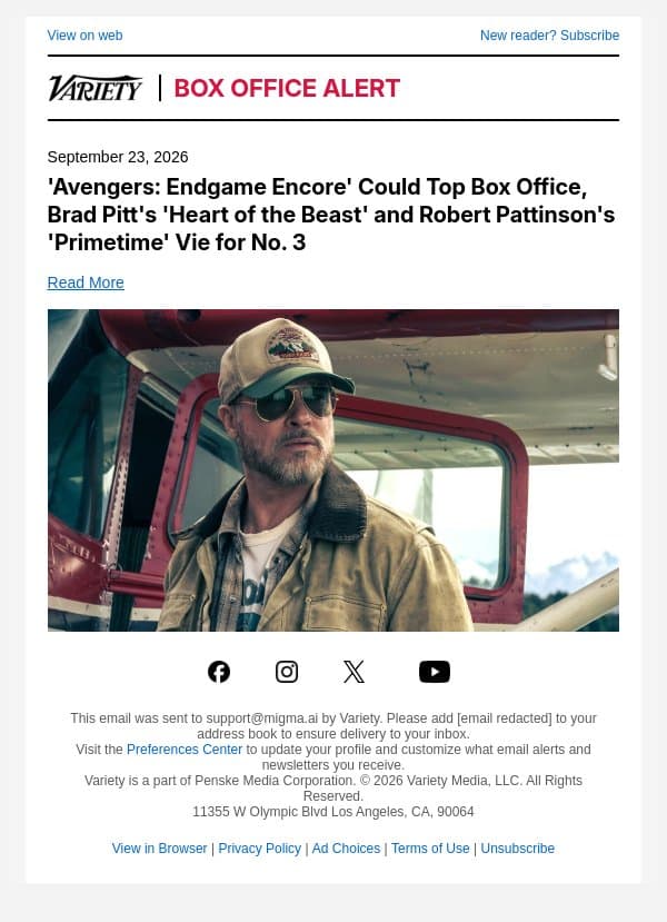 'Avengers: Endgame Encore' Could Top Box Office, Brad Pitt's 'Heart of the Beast' and Robert Pattinson's 'Primetime' Vie for No. 3 email from Variety screenshot