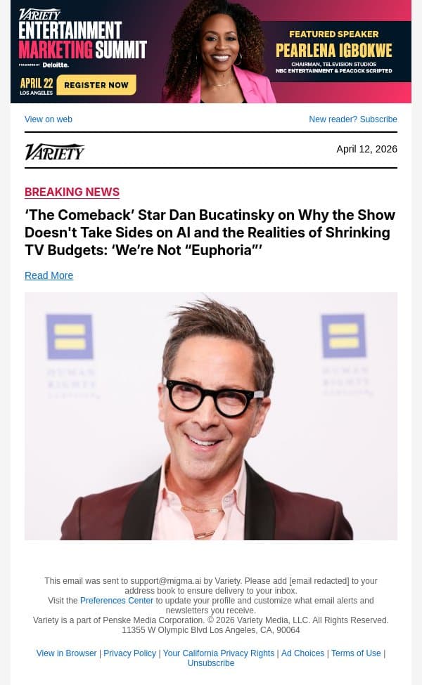 ‘The Comeback’ Star Dan Bucatinsky on Why the Show Doesn't Take Sides on AI and the Realities of Shrinking TV Budgets: ‘We’re Not “Euphoria”’ email from Variety screenshot