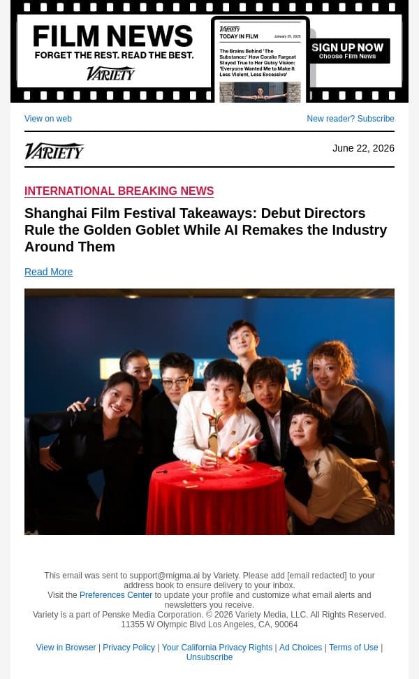Shanghai Film Festival Takeaways: Debut Directors Rule the Golden Goblet While AI Remakes the Industry Around Them email from Variety screenshot