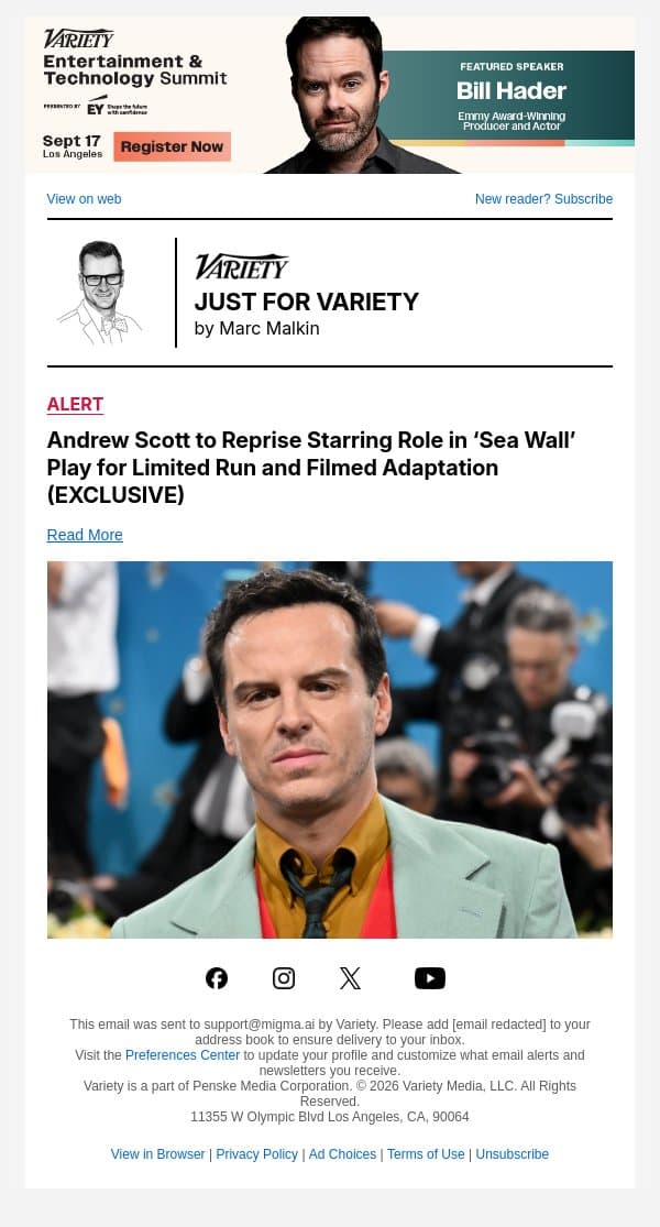 Andrew Scott to Reprise Starring Role in ‘Sea Wall’ Play for Limited Run and Filmed Adaptation (EXCLUSIVE) email from Variety screenshot