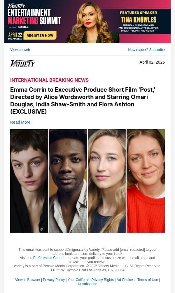 Emma Corrin to Executive Produce Short Film 'Post,' Directed by Alice Wordsworth and Starring Omari Douglas, India Shaw-Smith and Flora Ashton (EXCLUSIVE) email from Variety screenshot