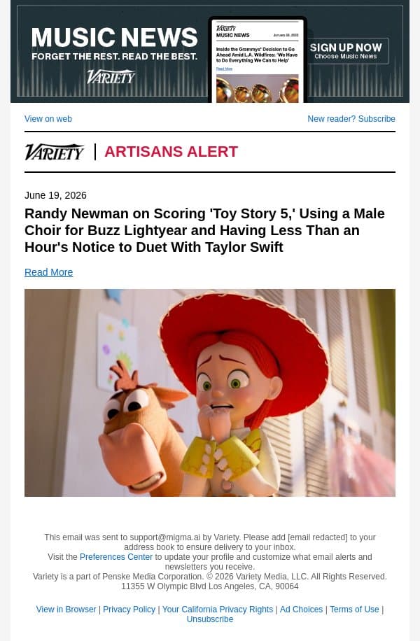 Randy Newman on Scoring 'Toy Story 5,' Using a Male Choir for Buzz Lightyear and Having Less Than an Hour's Notice to Duet With Taylor Swift email from Variety screenshot