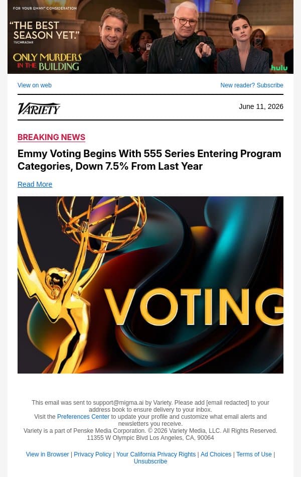 Emmy Voting Begins With 555 Series Entering Program Categories, Down 7.5% From Last Year email from Variety screenshot