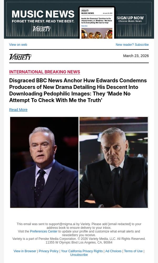 Disgraced BBC News Anchor Huw Edwards Condemns Producers of New Drama Detailing His Descent Into Downloading Pedophilic Images: They ‘Made No Attempt To Check With Me the Truth' email from Variety screenshot