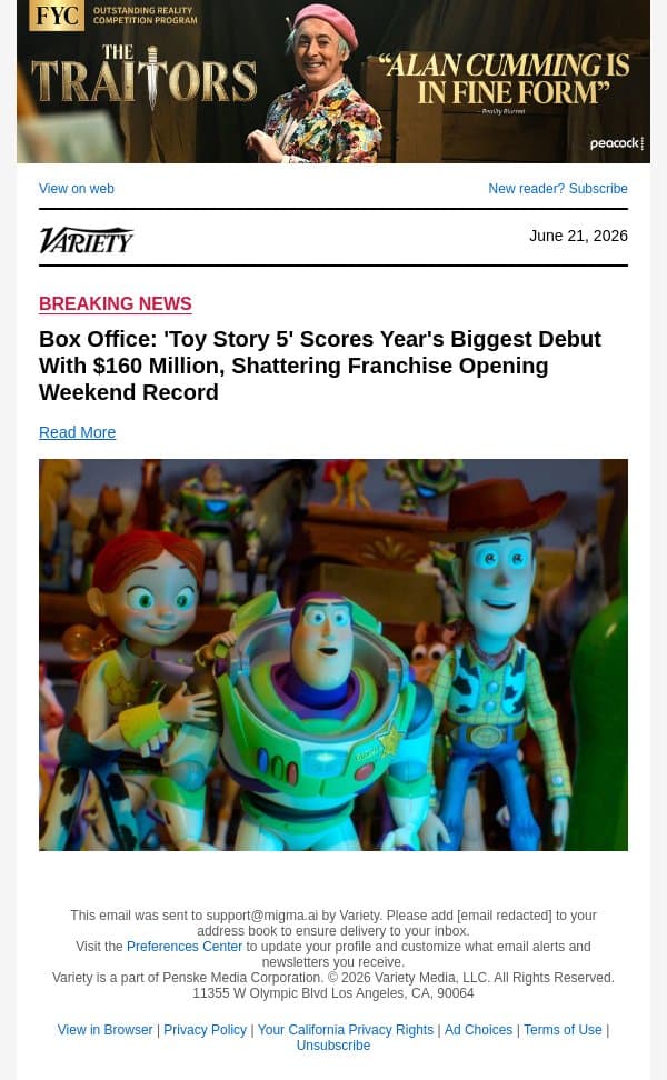 Box Office: 'Toy Story 5' Scores Year's Biggest Debut With $160 Million, Shattering Franchise Opening Weekend Record email from Variety screenshot