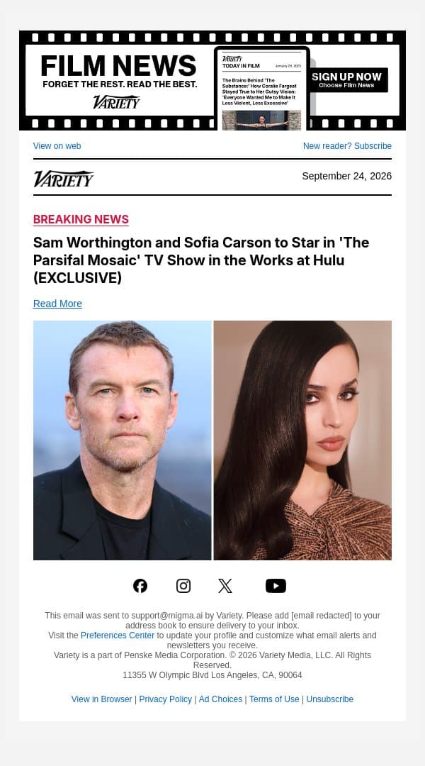 Sam Worthington and Sofia Carson to Star in 'The Parsifal Mosaic' TV Show in the Works at Hulu (EXCLUSIVE) email from Variety screenshot