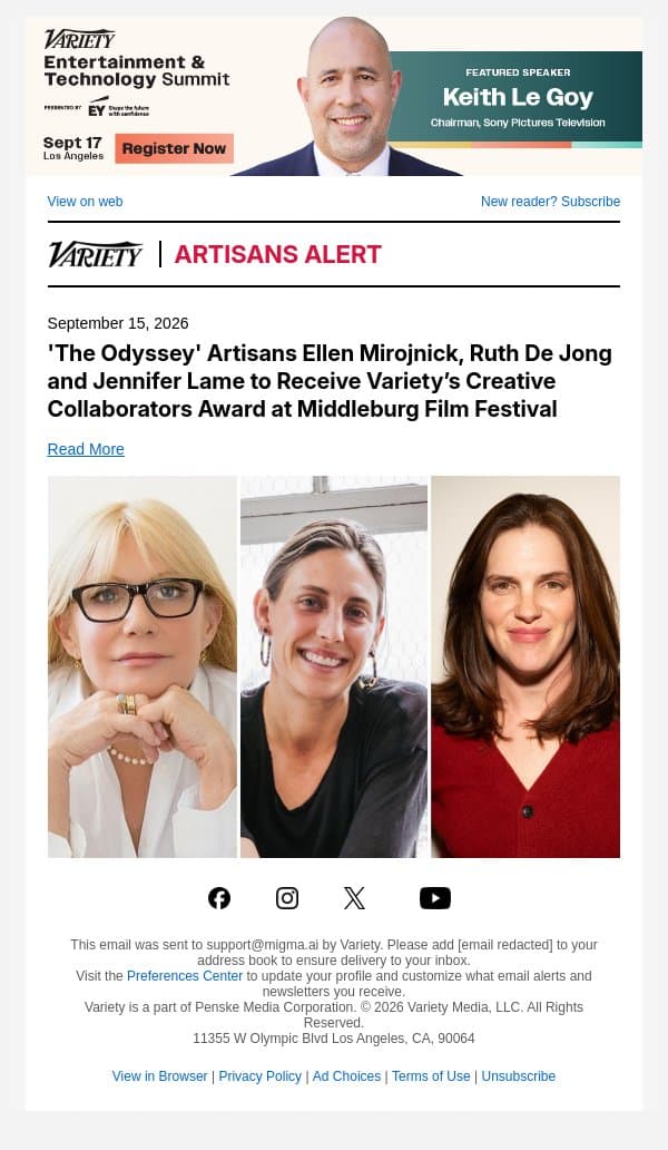 'The Odyssey' Artisans Ellen Mirojnick, Ruth De Jong and Jennifer Lame to Receive Variety’s Creative Collaborators Award at Middleburg Film Festival email from Variety screenshot