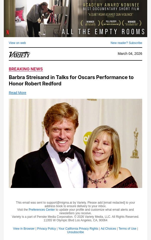Barbra Streisand in Talks for Oscars Performance to Honor Robert Redford email from Variety screenshot