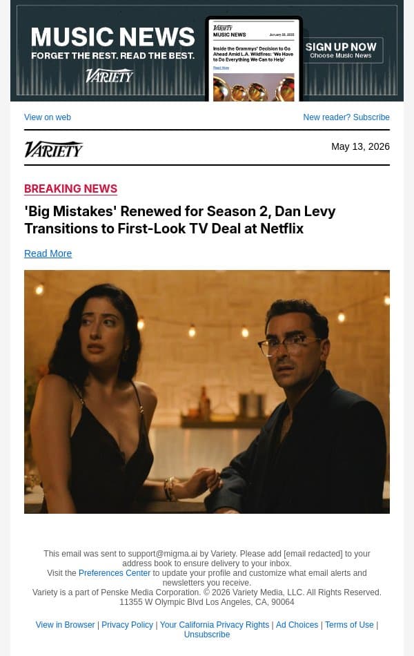 'Big Mistakes' Renewed for Season 2, Dan Levy Transitions to First-Look TV Deal at Netflix email from Variety screenshot