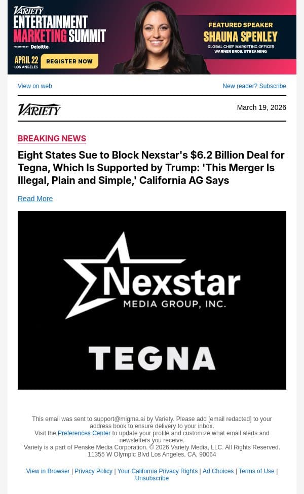 Eight States Sue to Block Nexstar's $6.2 Billion Deal for Tegna, Which Is Supported by Trump: 'This Merger Is Illegal, Plain and Simple,' California AG Says email from Variety screenshot