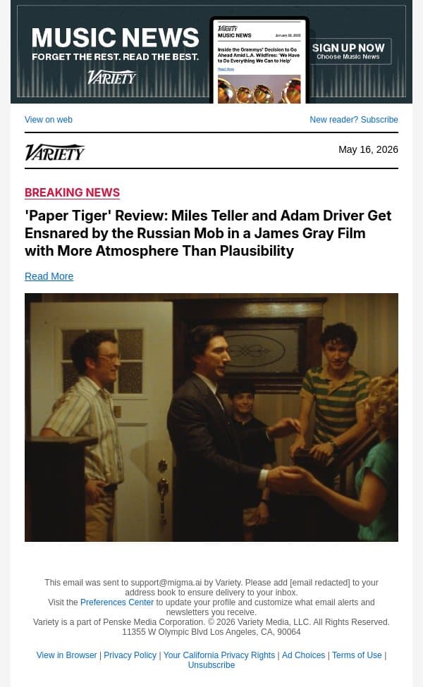 'Paper Tiger' Review: Miles Teller and Adam Driver Get Ensnared by the Russian Mob in a James Gray Film with More Atmosphere Than Plausibility email from Variety screenshot