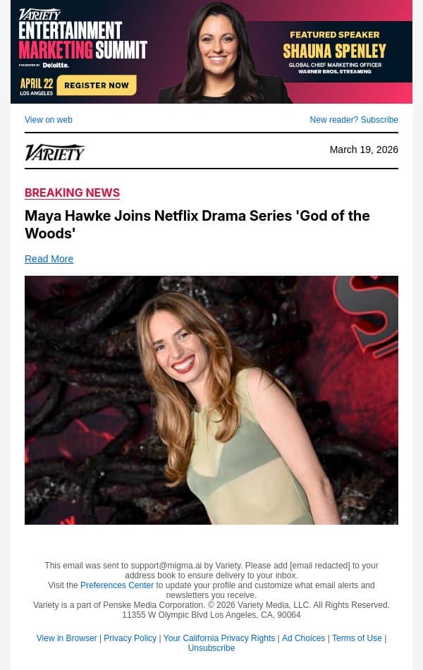 Maya Hawke Joins Netflix Drama Series 'God of the Woods' email from Variety screenshot