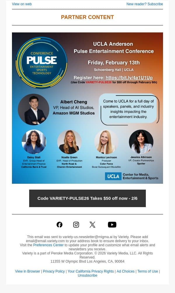 Register Now! UCLA Pulse Entertainment Conference, feat. Albert Cheng, Amazon MGM Studios - Feb 13 email from Variety screenshot
