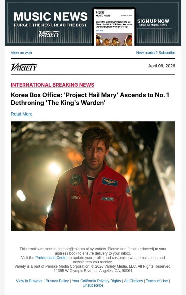Korea Box Office: 'Project Hail Mary' Ascends to No. 1 Dethroning 'The King's Warden' email from Variety screenshot