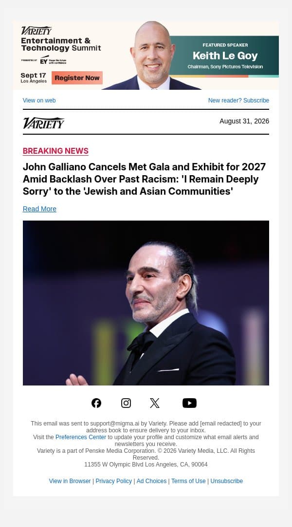 John Galliano Cancels Met Gala and Exhibit for 2027 Amid Backlash Over Past Racism: 'I Remain Deeply Sorry' to the 'Jewish and Asian Communities' email from Variety screenshot