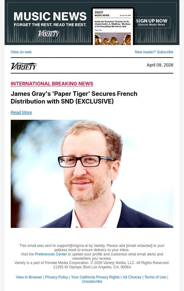 James Gray's 'Paper Tiger' Secures French Distribution with SND (EXCLUSIVE) email from Variety screenshot