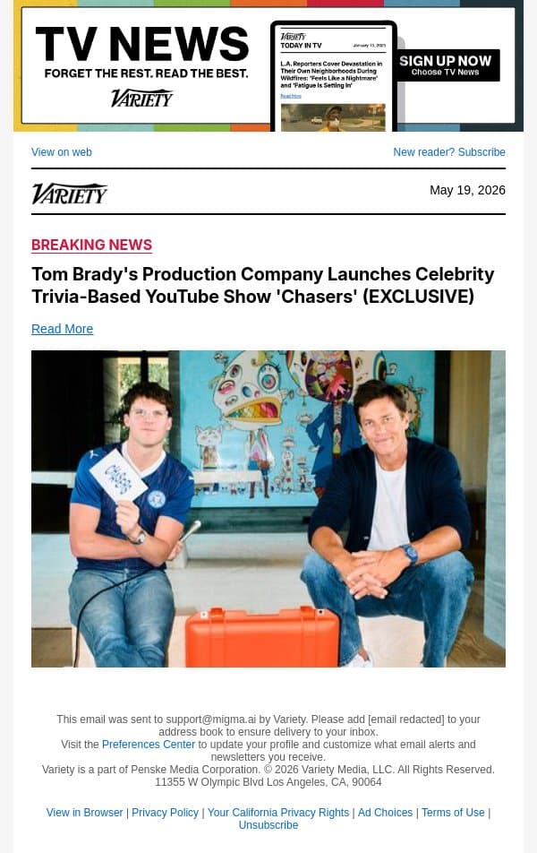 Tom Brady's Production Company Launches Celebrity Trivia-Based YouTube Show 'Chasers' (EXCLUSIVE) email from Variety screenshot