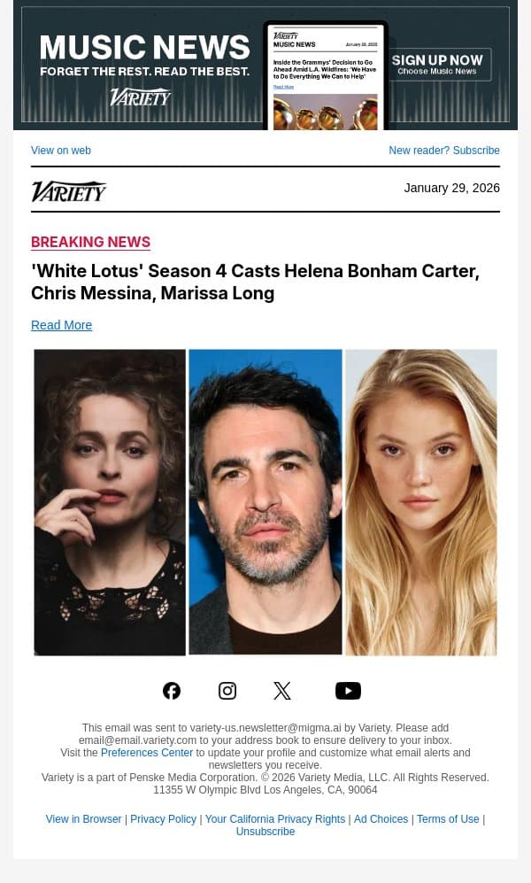 'White Lotus' Season 4 Casts Helena Bonham Carter, Chris Messina, Marissa Long email from Variety screenshot