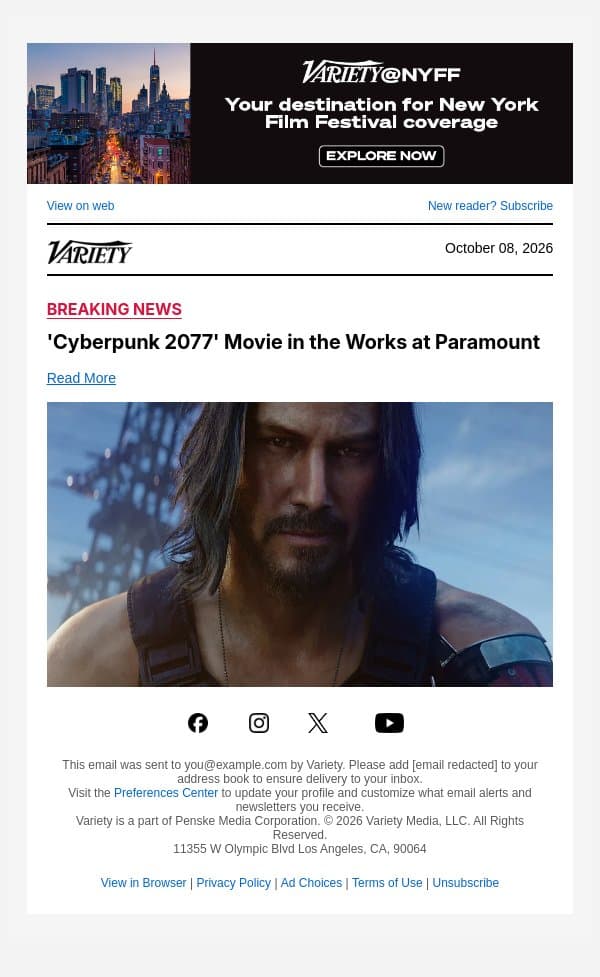 'Cyberpunk 2077' Movie in the Works at Paramount email from Variety screenshot