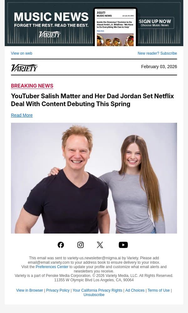 YouTuber Salish Matter and Her Dad Jordan Set Netflix Deal With Content Debuting This Spring email from Variety screenshot