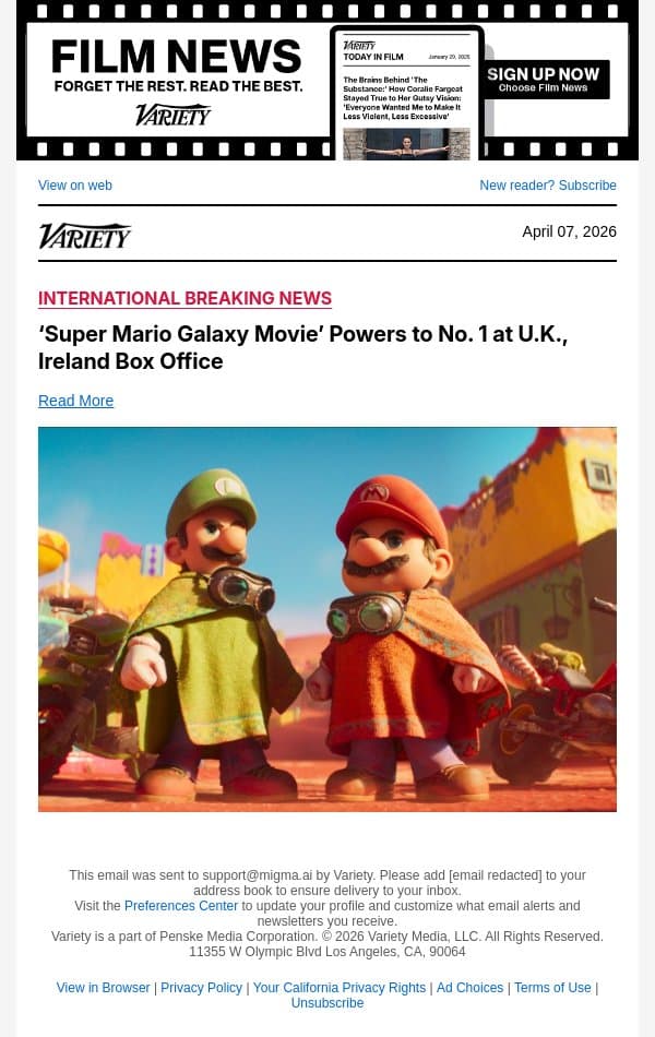 ‘Super Mario Galaxy Movie’ Powers to No. 1 at U.K., Ireland Box Office email from Variety screenshot