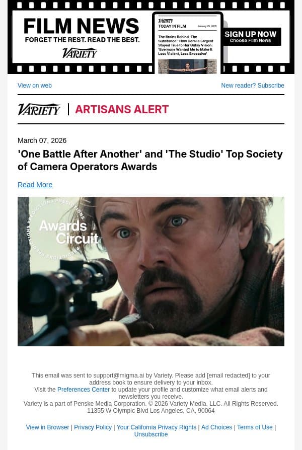 'One Battle After Another' and 'The Studio' Top Society of Camera Operators Awards email from Variety screenshot